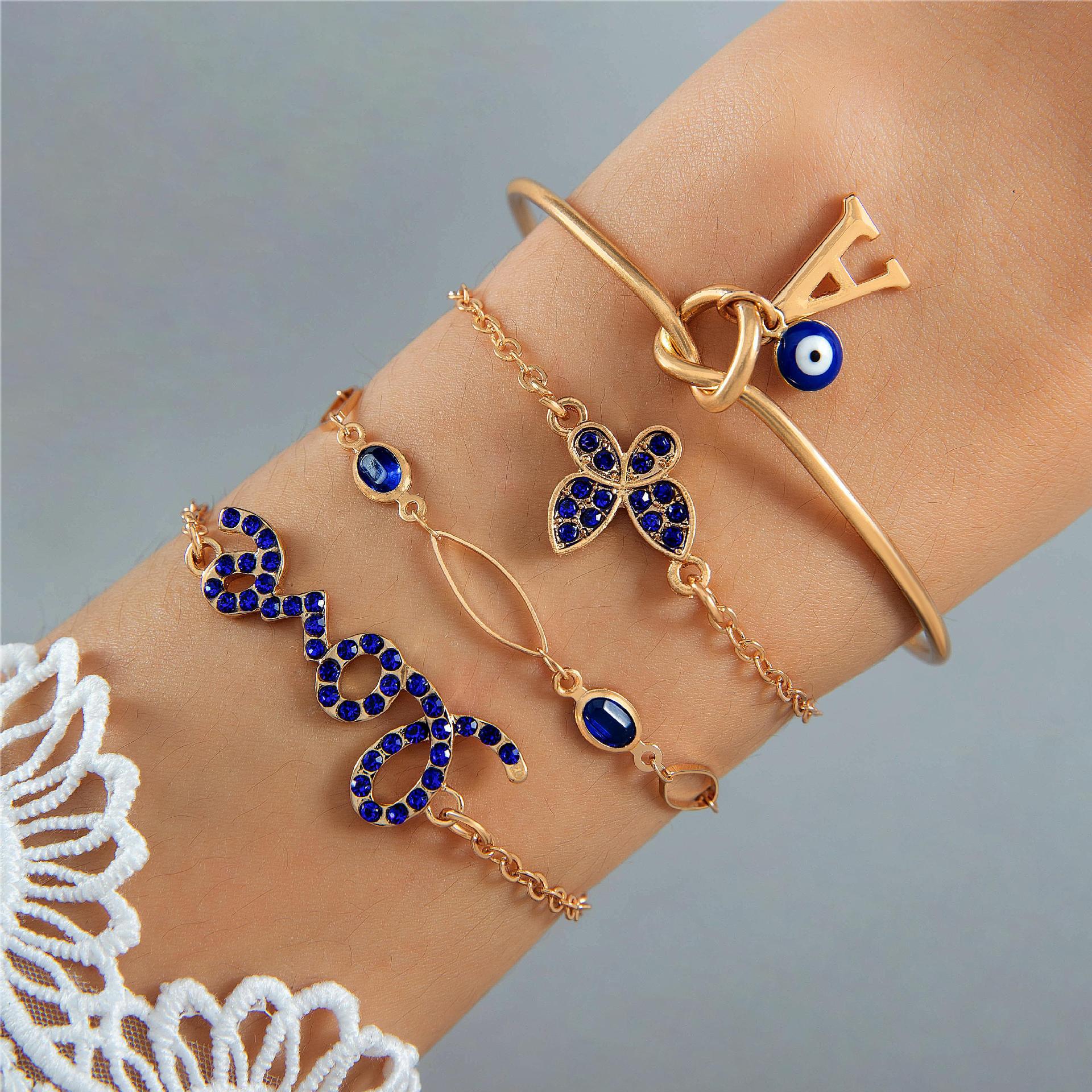 4pcs Blue Flower Love Butterfly Bracelet Set With Rhinestones Design Valentines Day