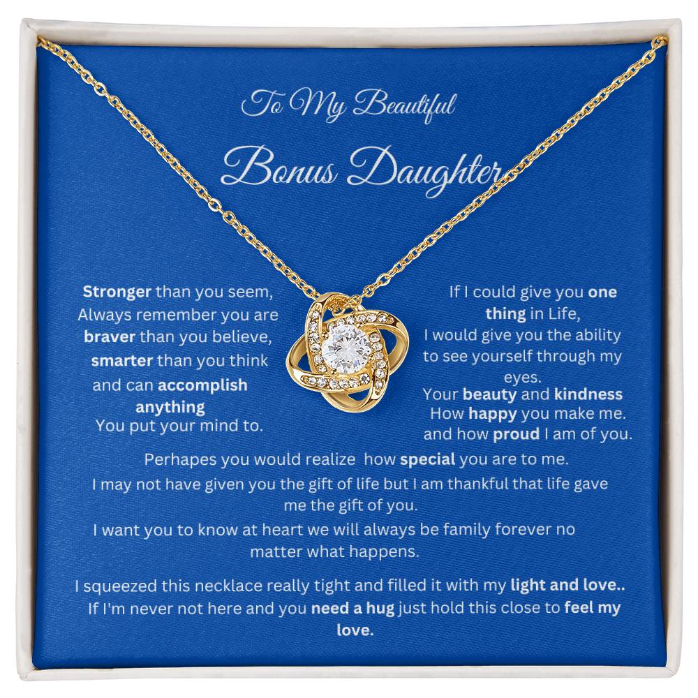 To My Beautiful Bonus Daughter Cubic Zirconia Love Knot Necklace Message Card Gifts Daughter Birthday Gifts