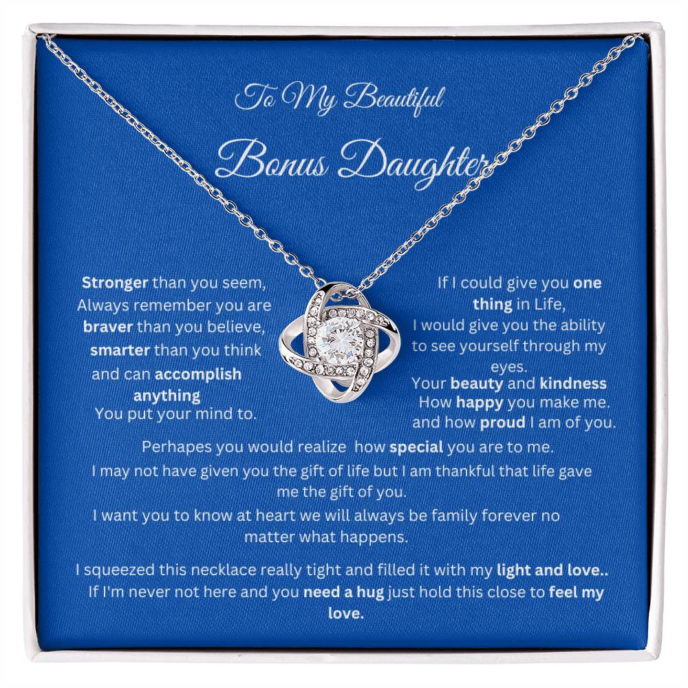 To My Beautiful Bonus Daughter Cubic Zirconia Love Knot Necklace Message Card Gifts Daughter Birthday Gifts